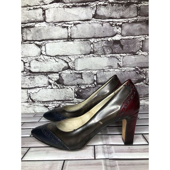 Mona Lisa Gray Blue Red Leather Pointed Toe Dress Heels Women’s Sz 37.5EU/7M US - Picture 1 of 16